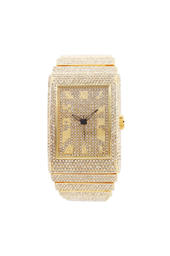 Luxury Iced Out Round watch or Bling-ed Out Baguette-Cut Rectangular Watch with Crystal Diamond watch Pave Design (ST10602 Gold)