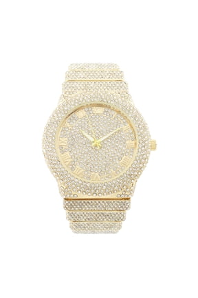 Luxury Iced Out Round watch or Bling-ed Out Baguette-Cut Rectangular Watch with Crystal Diamond watch Pave Design (ST10626 Gold)