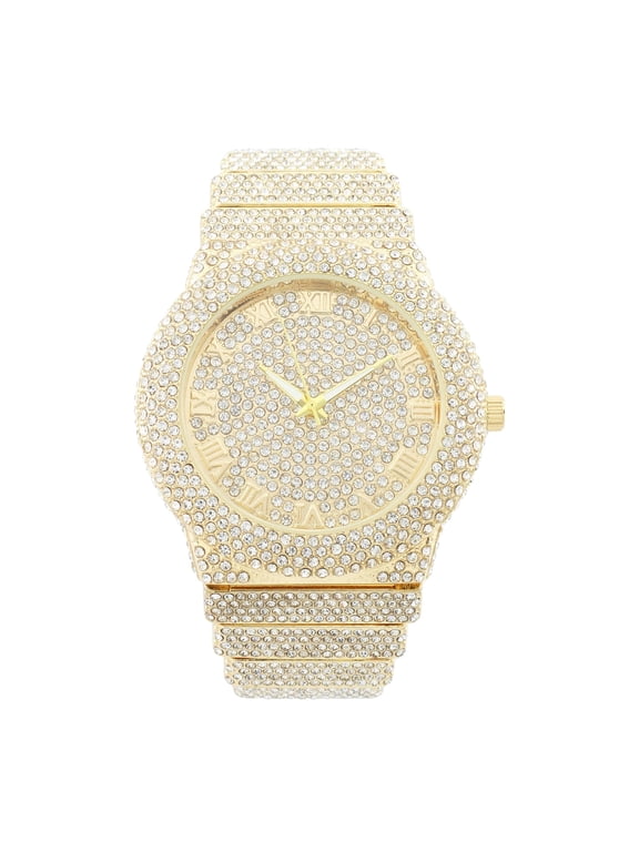 Luxury Iced Out Round watch or Bling-ed Out Baguette-Cut Rectangular Watch with Crystal Diamond watch Pave Design (ST10626 Gold)