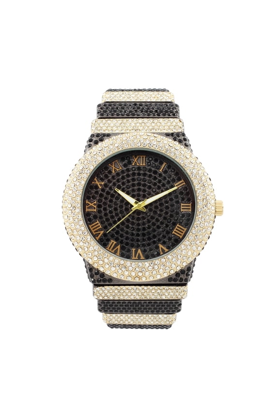 Luxury Iced Out Round watch or Bling-ed Out Baguette-Cut Rectangular Watch with Crystal Diamond watch Pave Design (ST10626 Gun Gold TT)