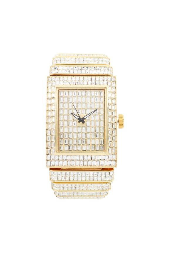 Luxury Iced Out Round watch or Bling-ed Out Baguette-Cut Rectangular Watch with Crystal Diamond watch Pave Design (ST10627 Gold)