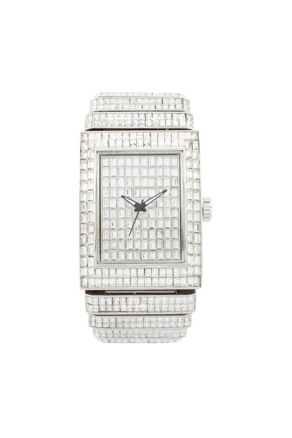 Luxury Iced Out Round watch or Bling-ed Out Baguette-Cut Rectangular Watch with Crystal Diamond watch Pave Design (ST10627 Silver)