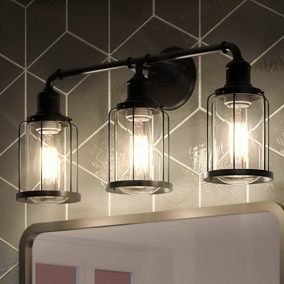 Luxury Industrial Indoor Bath Fixture, 12.00''H x 24.00''W, with Urban Loft Style Elements, Modern Farmhouse Design, Natural Black Finish and Clear Glass, UQL3501