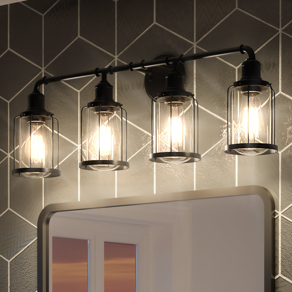 Luxury Industrial Indoor Bath Fixture, 12.00''H x 33.50''W, with Urban Loft Style Elements, Modern Farmhouse Design, Natural Black Finish and Clear Glass, UQL3500