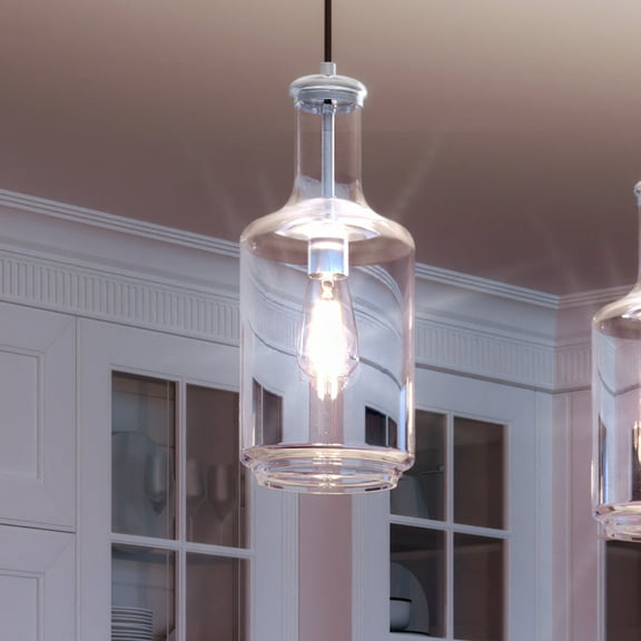 Luxury Industrial Indoor Pendant, 17''H x 7''W, with Coastal Style Elements, Modern Farmhouse Design, Brushed Nickel Finish and Clear, UHP3700