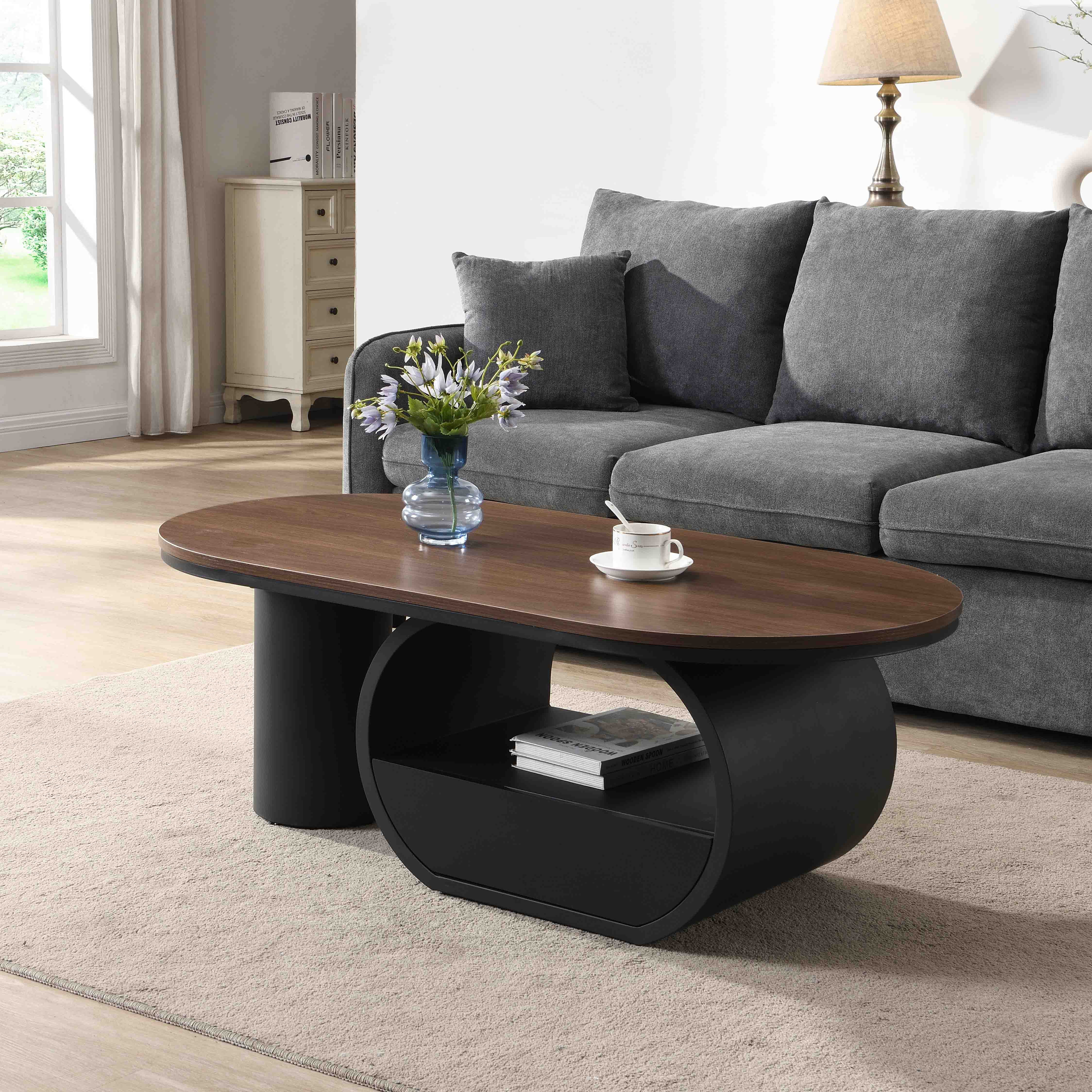 Luxury Industrial Oval Coffee Table, 47.24'' Coffee Table with Storage ...