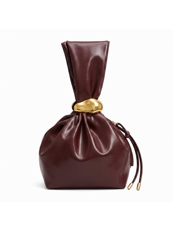 Luxury Italian Faux Leather Mini Drawstring Pouch Bag Gold Metal Buckle Ruched Bucket Handbag Stain Resistant Small Crossbody Purse Compact Daily Makeup Bag Fashion Evening Clutch for Women Daily Sho
