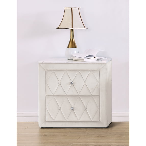 Luxury Ivory Fabric Upholstered Nightstand with Faux Marble Top & 2 Drawers - Modern Bedroom Furniture - 26.4" W, Button Tufted Glam