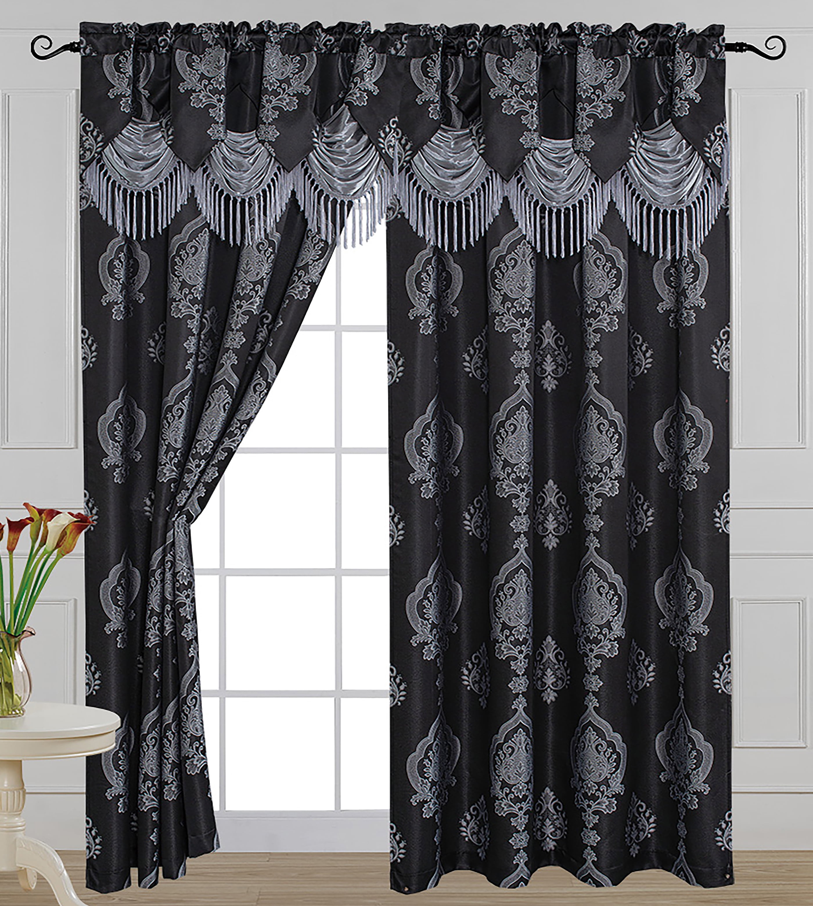Luxury Jacquard Curtain Panel with Attached Waterfall Valance, 54 by 84 ...