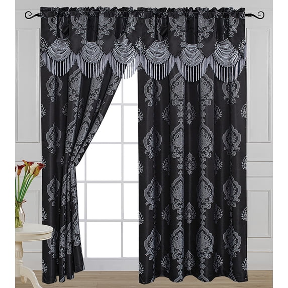 Luxury Jacquard Curtain Panel with Attached Waterfall Valance, 54 by 84-Inch ALEXA Black (2-Panels)