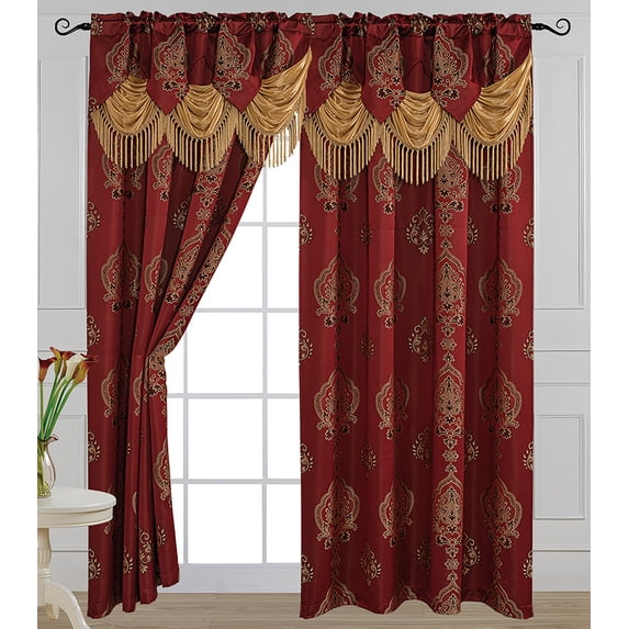 Luxury Jacquard Curtain Panel with Attached Waterfall Valance, 54 by 84-Inch ALEXA Burgundy (2-Panels)
