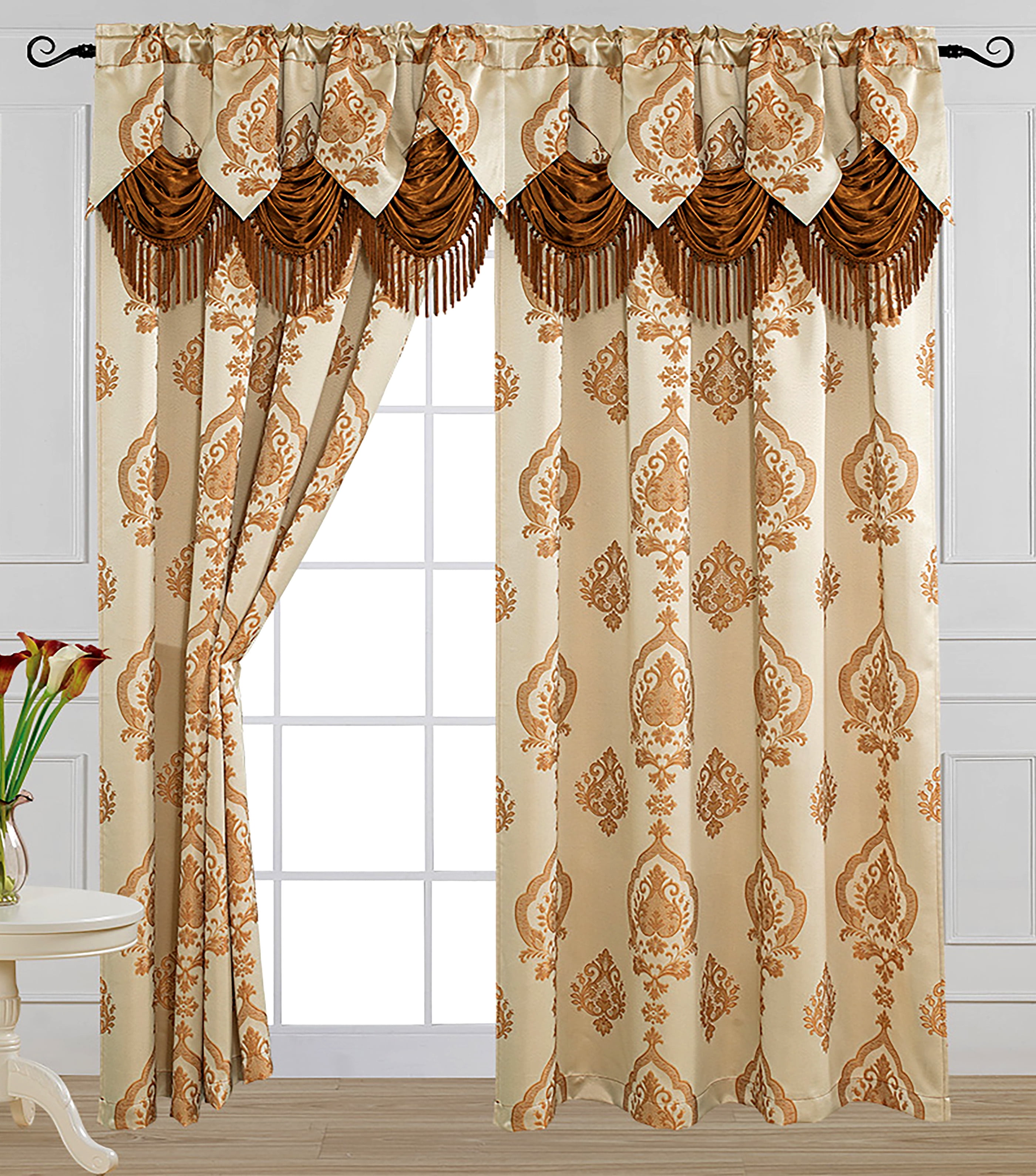 Luxury Jacquard Curtain Panel with Attached Waterfall Valance, 54 by 84 ...