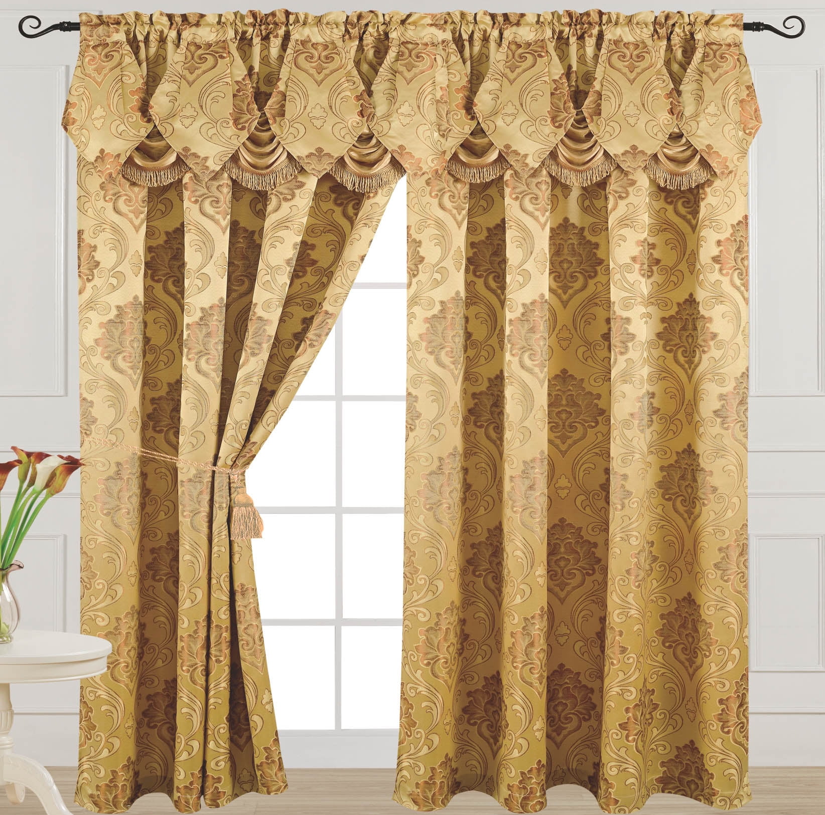 Luxury Jacquard Curtain Panel with Attached Waterfall Valance, 54 by 84