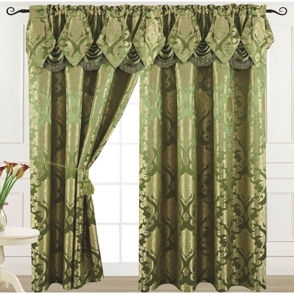 Luxury Jacquard Curtain Panel with Attached Waterfall Valance, 54 by 84-Inch Angelina Sage (2-Panels)