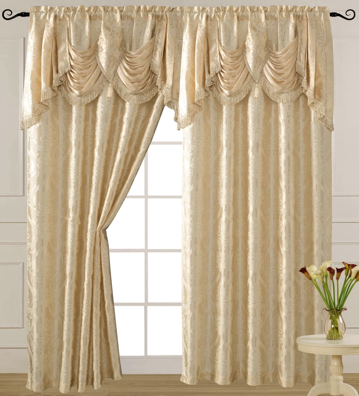 Beige Jacquard Room-Darkening Curtain Panel with Waterfall Valance