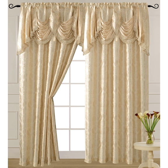 Luxury Jacquard Curtain Panel with Attached Waterfall Valance, 54 by 84-Inch Ashley Beige (2-Panels)