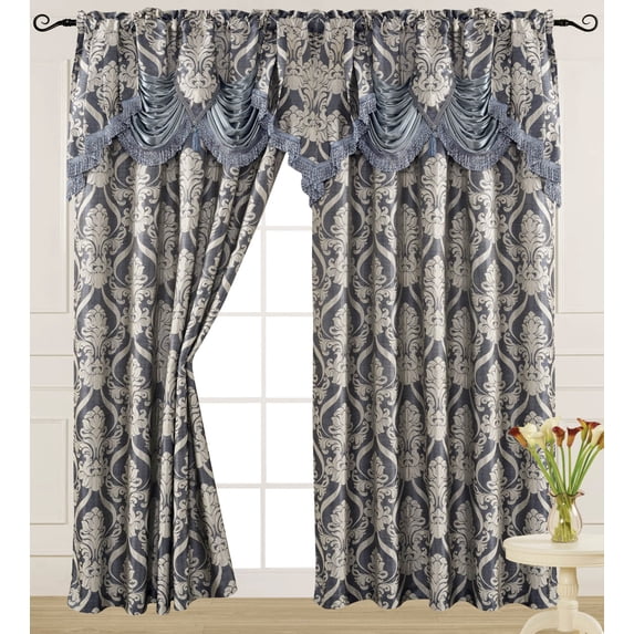 Luxury Jacquard Curtain Panel with Attached Waterfall Valance, 54 by 84-Inch Ashley Blue (1-Panel)