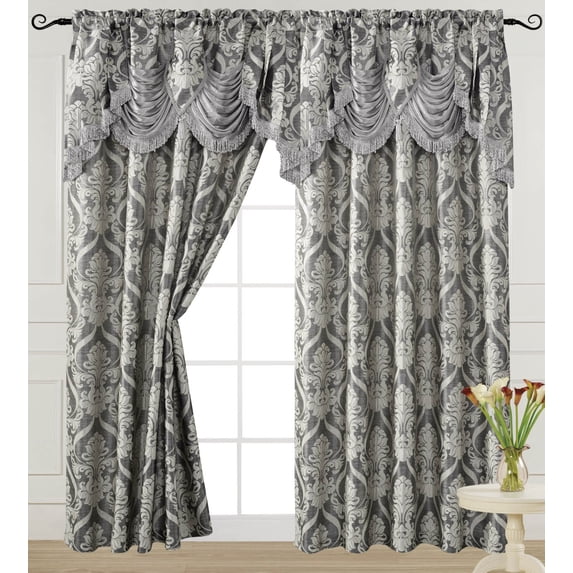 Luxury Jacquard Curtain Panel with Attached Waterfall Valance, 54 by 84-Inch Ashley Grey (1-Panel)