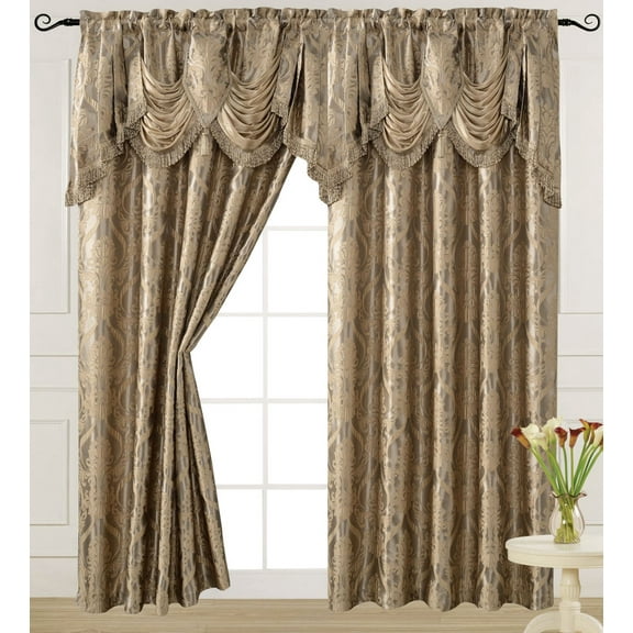 Luxury Jacquard Curtain Panel with Attached Waterfall Valance, 54 by 84-Inch Ashley Light Taupe (1-Panel)