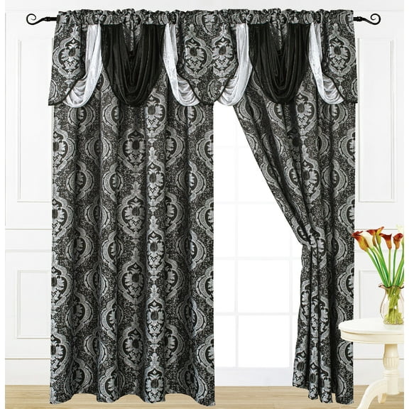 Luxury Jacquard Curtain Panel with Attached Waterfall Valance, 54 by 84-Inch LANA Black (2-Panels)