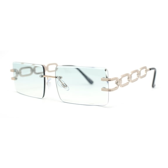 Luxury Jewel Large Chain Link Arm Rimless Rectangle Designer Sunglasses Gold - Green