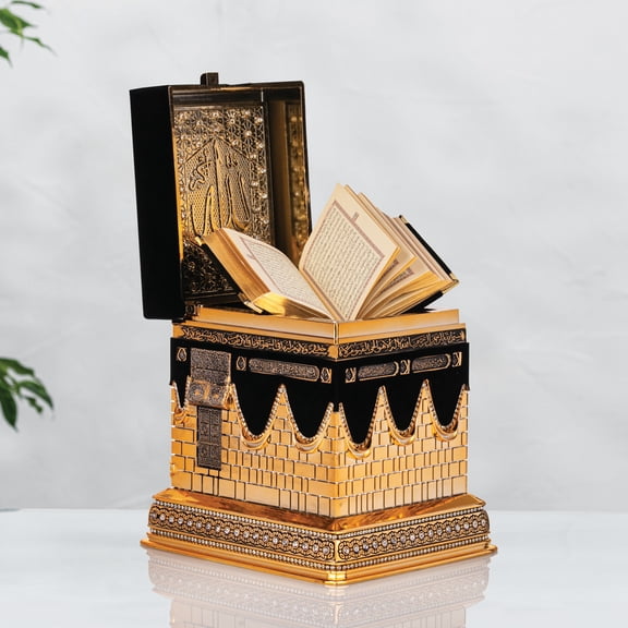 Luxury Kaaba-Shaped Quran Holder with Holy Quran Gold Plated Islamic Home & Office Decor