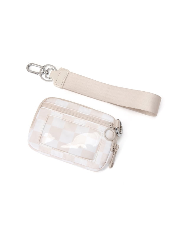 Luxury Keychain Wallet for Women Mini Zip Card Holder with ID Window, Coin Purse, Detachable Wristlet, Outdoor Sport Small Organizer Wallet, Checkered