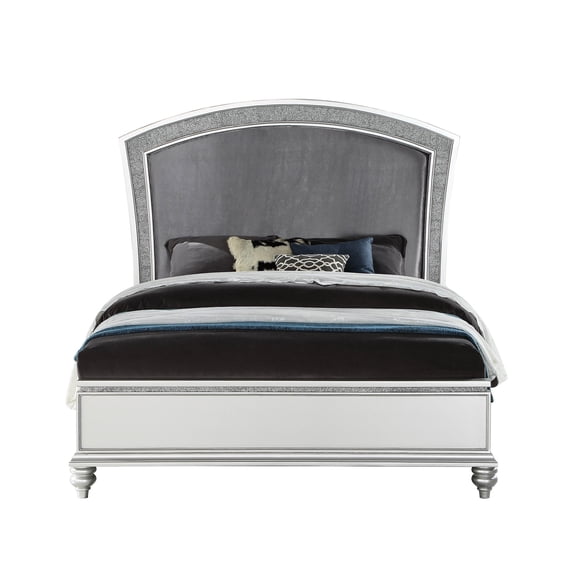 Luxury . King Bed In Fabric And Platinum - Glamorous Headboard With Shining Rhinestone Embellishment, Low-profile Rectangular , Stable Wooden Legs, Synthetic Wood Construction, Box Spring For