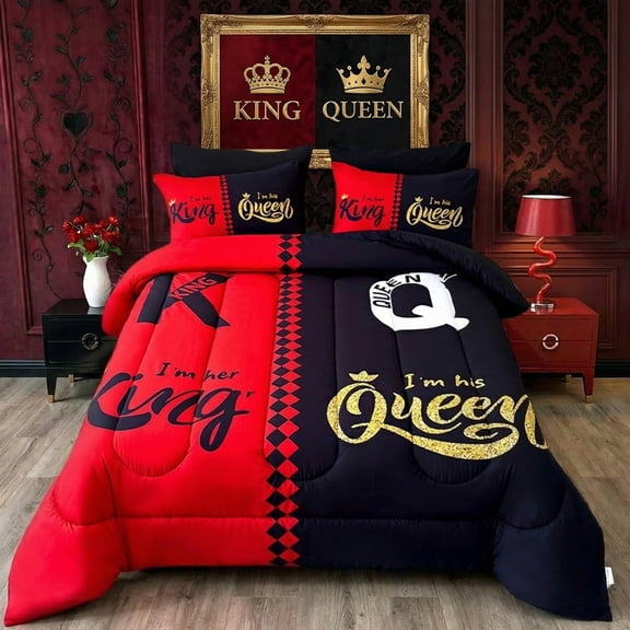 Luxury King&Queen printed pattern Comforter Set, Reversible Bedding, Soft Microfiber, All-Season Comfort, Includes 2 Pillow Shams(King,Red and Black)