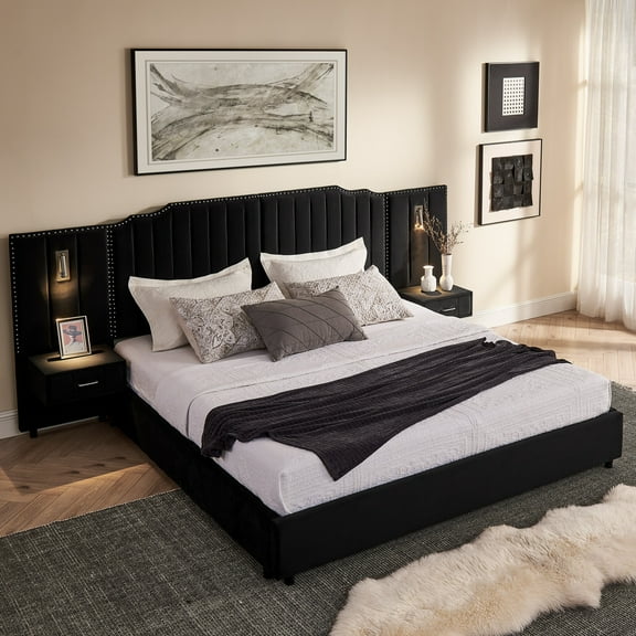 Luxury King Size Bed Frame with Built-in Nightstands, Velvet Upholstered Platform Bed Frame with LED Lights and Headboard, No Box Spring Needed, Black