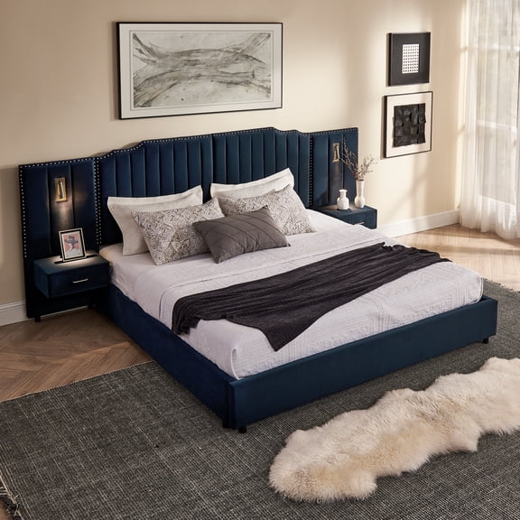 Luxury King Size Bed Frame with Built-in Nightstands, Velvet Upholstered Platform Bed Frame with LED Lights and Headboard, No Box Spring Needed, Dark Blue