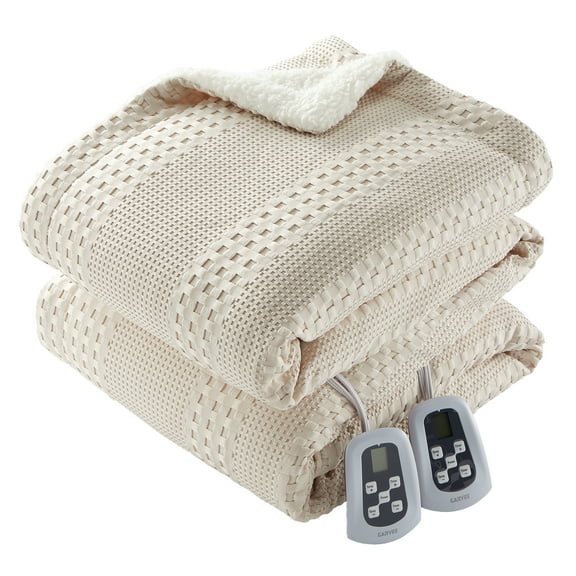 Luxury King Size Heated Electric Blanket - Dual Control, 9 Heat Levels, 1-12H Auto-Off Timer, Soft Waffle Weave Sherpa, Machine Washable, Cozy Throw for Bed, Couch, Sofa, Khaki 90x100 Inches