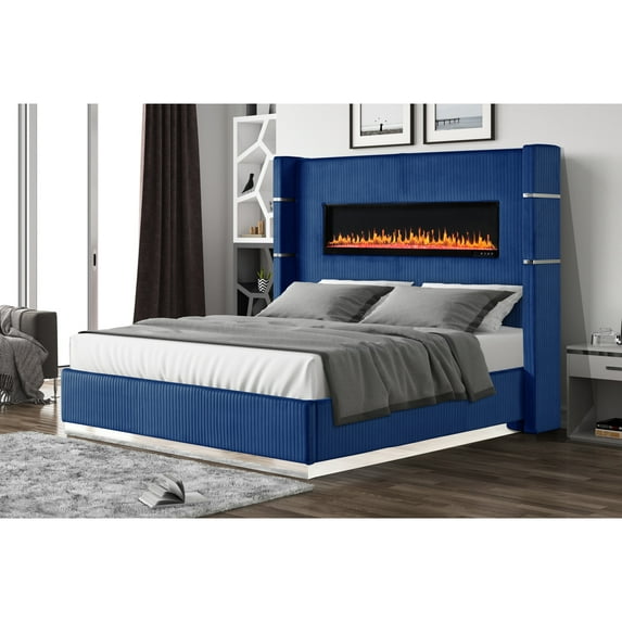 Luxury King Size Wooden Bed With Upholstery & Fireplace Display Blue Velvet For Bedroom - Electric And Convenient Ports