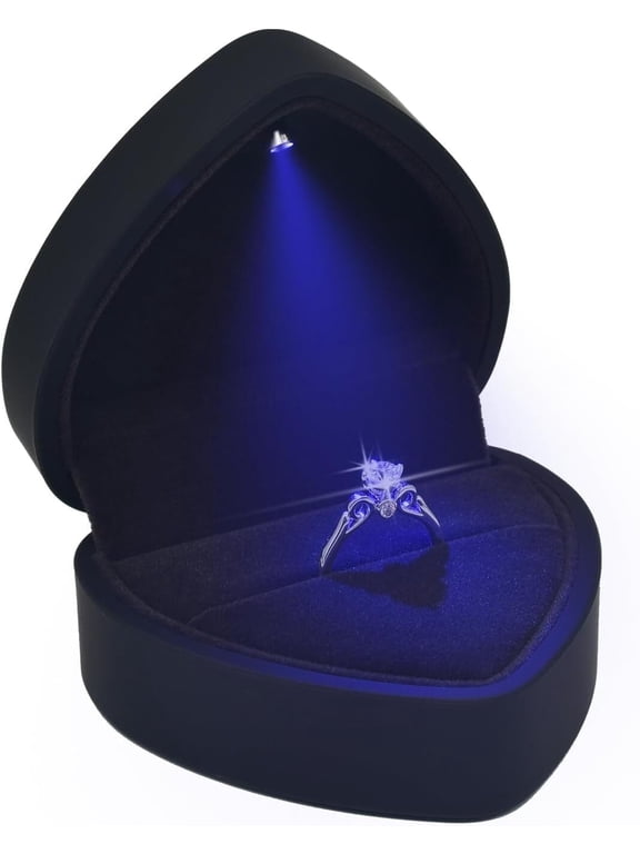 Luxury LED Lighted Engagement Ring Box - Heart Shaped Elegant Black Ring Case for Wedding Rings, Perfect for Proposal, Anniversary, Ceremony, and Gift Giving