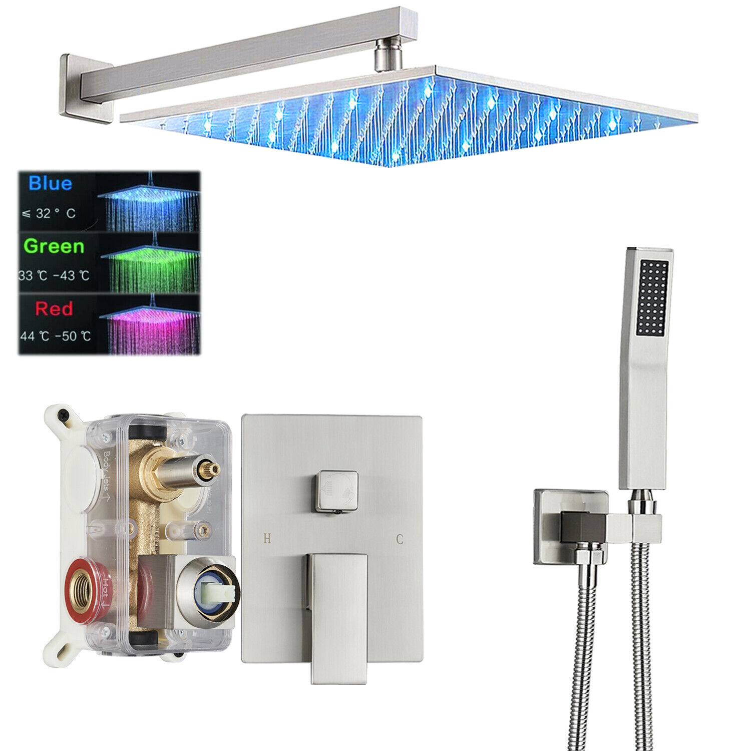 Luxury LED Shower Faucet Set System Rain Head Combo Kit w/Mixer Valve