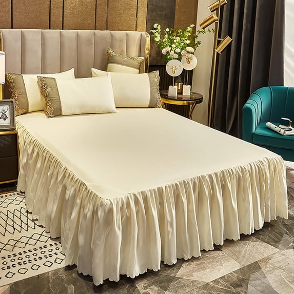 Luxury Lace Bed Skirt Full Coverage Dust-Proof Bedding Accessory for All Season, Beige