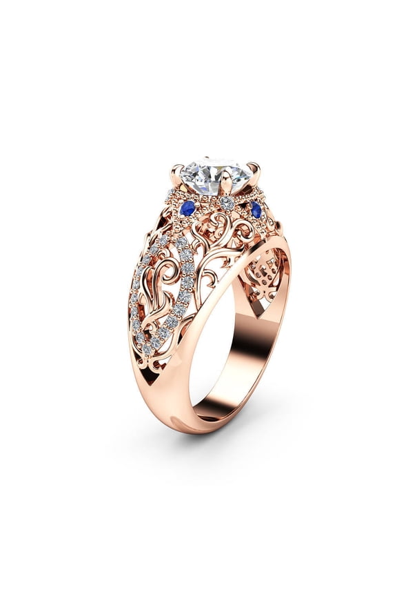 Luxury Ladies Rose Gold Hollow Flower Inlaid Zircon Blue Gem Ring