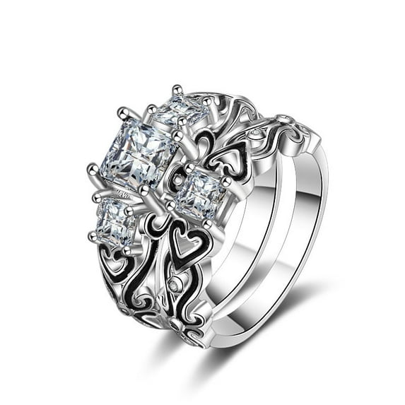 Luxury Lady Zircon Square Diamond Alloy Epoxy Silver Plated Ring Set