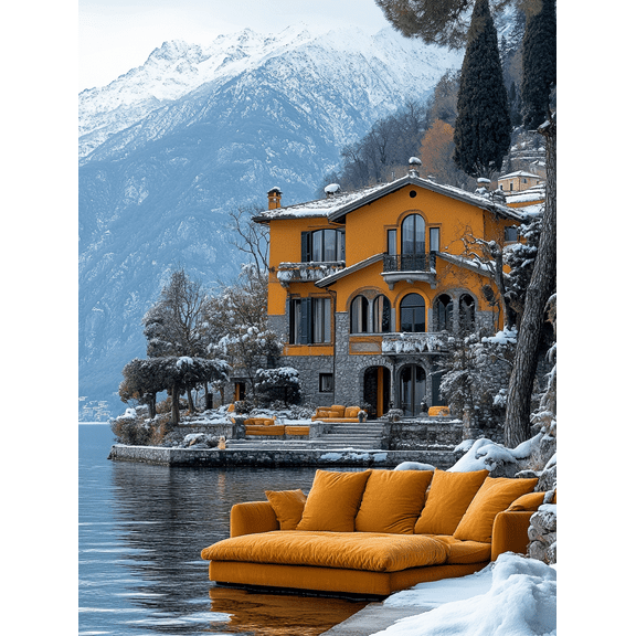 Luxury Lake House Winter Scene Canvas Print/Wall Art Perfect for Living RoomOffice Hotel Lobby and Lakeside Home Decor.