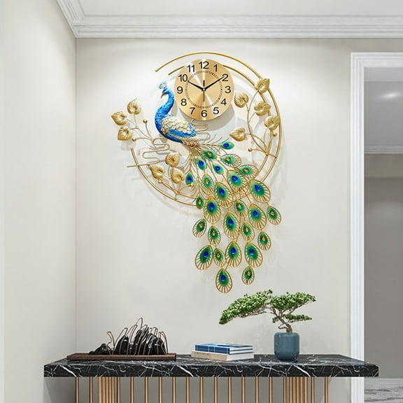 Luxury Large Peacock Wall Clock Metal Living Room Bedroom Wall Watch Decor