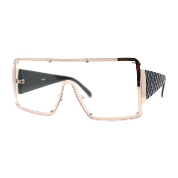 Luxury Large Shield Rectangle Exposed Lens Rimless Sunglasses Gold Black Clear