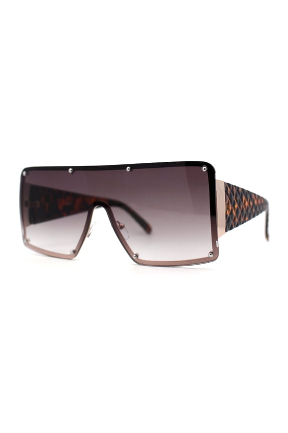 Luxury Large Shield Rectangle Exposed Lens Rimless Sunglasses Gold Tortoise Smoke