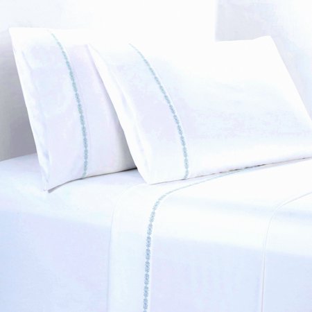 Luxury Laurel 350 Thread Count Hotel Style Cotton Sheet Set - Full Size White with Light Blue Embroidery - 4 Piece Bedding Bundle - Soft & Breathable - Includes Flat Sheet, Fitted Sheet, 2 Pillowcase