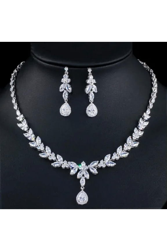 Luxury Leaf Cubic Zirconia Silver Plated Wedding Necklace Jewelry Set