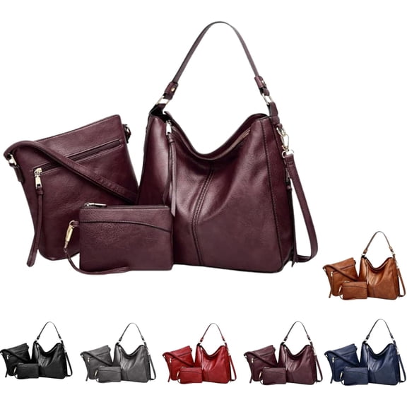 Luxury Leather 3-Piece Hobo Bag Set, 2025 New Upgrade Anti-Theft Handbag, Soft Crossbody Shoulder Purse and Wallet Set