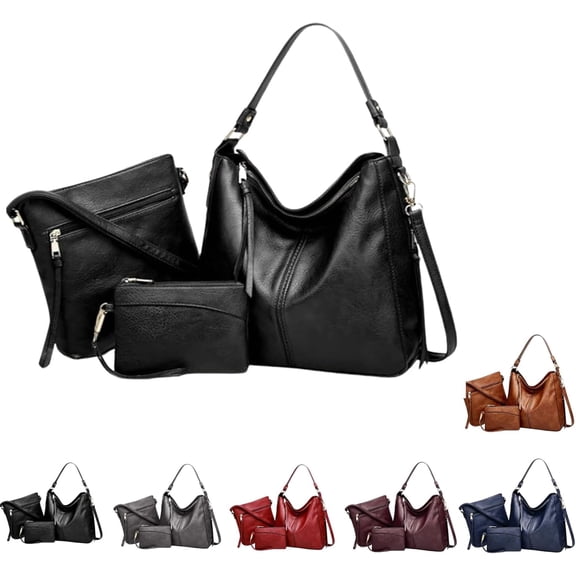 Luxury Leather 3-Piece Hobo Bag Set, 2025 New Upgrade Anti-Theft Handbag, Soft Crossbody Shoulder Purse and Wallet Set