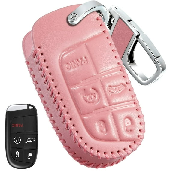 Luxury Leather 5-Button Smart Key Fob Case for Jeep Grand Cherokee Renegade Chrysler 200 300 Dodge RAM Durango Challenger Journey Dart Fiat with Protective Cover