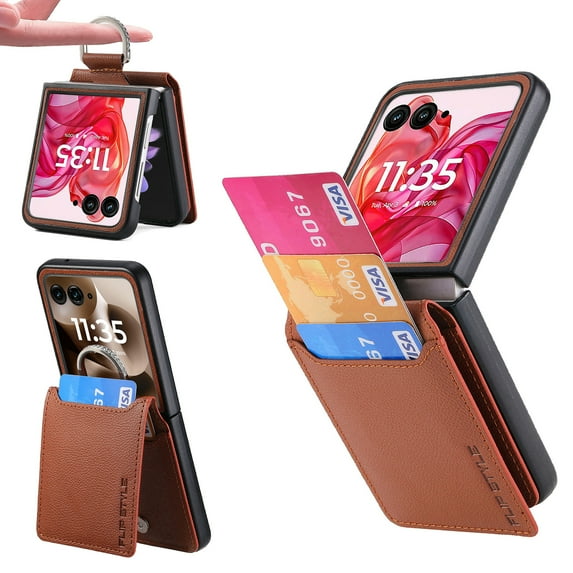 Luxury Leather Case For Motorola Razr 2025 with Card Slot Wallet Cover, RFID Blocking Designed, Kickstand, Back Magnetic Protective Phone Case with Finger Ring Holder Grip,Brown