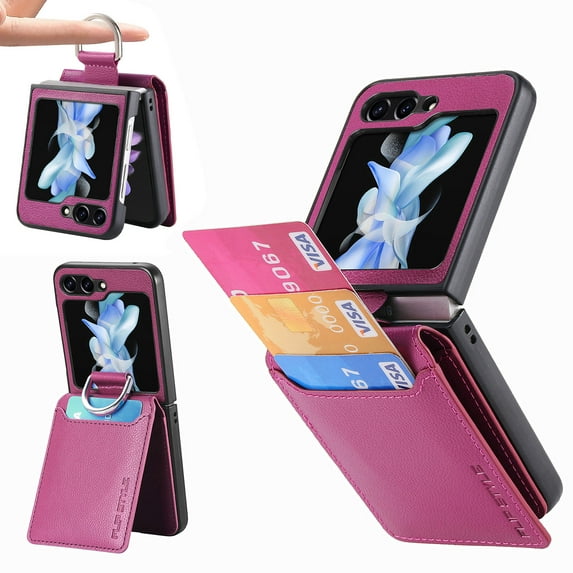 Luxury Leather Case For Samsung Galaxy Z Flip 6 with Card Slot Wallet Cover, RFID Blocking Designed, Kickstand, Back Magnetic Protective Phone Case with Finger Ring Holder Grip,Purple