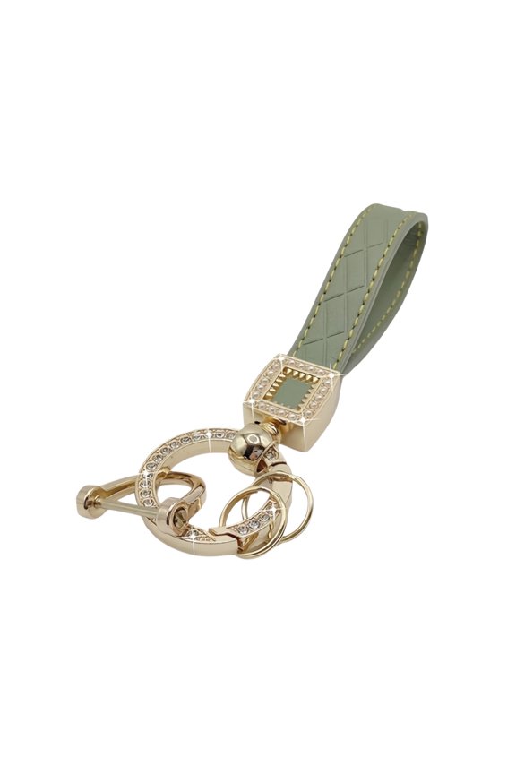 Luxury Leather Keychain - Sage Green Quilted Strap with Gold Rhinestone Clasp, Compact Size, Elegant Design for Bag Decor, Car Keys & Daily Accessory